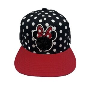 New COLLECTIBLE Sequin Minnie Mouse Snapback Hat Black Polka Dot Red Cap Disney